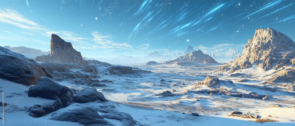 A desolate, rocky landscape with a blue sky