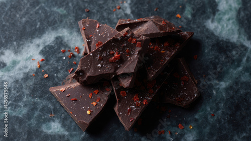 Dark chocolate pieces with chili flakes on marble surface
