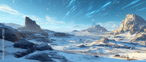 A desolate, rocky landscape with a blue sky