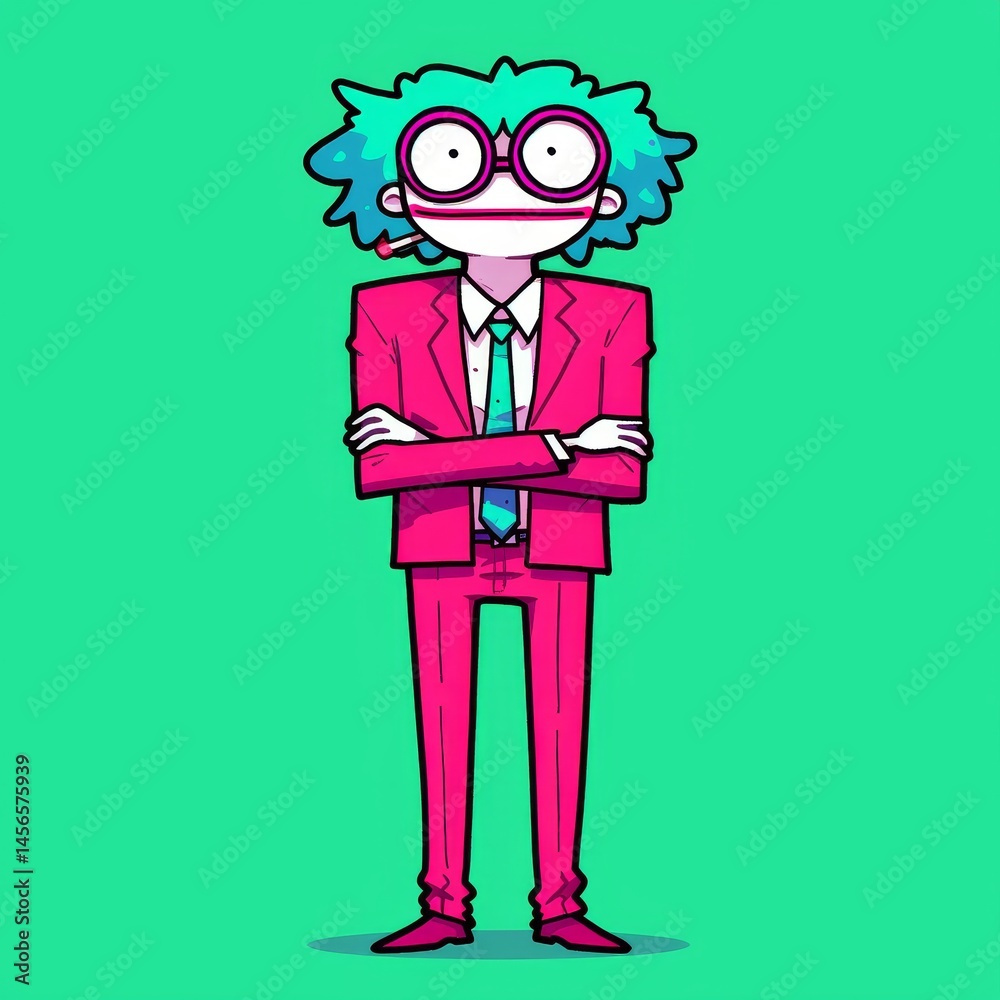 A cartoon character in a pink suit and glasses is holding a cigarette