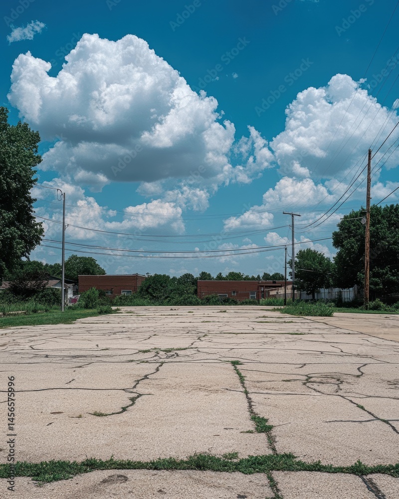Naklejka premium Empty Cracked Parking Lot Under a Blue Sky with Clouds Daytime Wide Angle Shot Urban Landscape