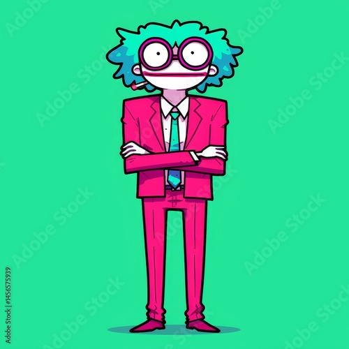 A cartoon character in a pink suit and glasses is holding a cigarette