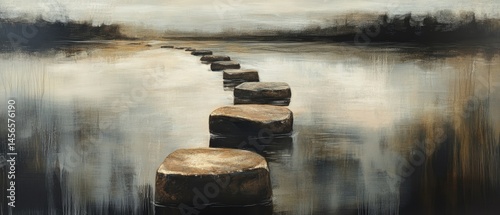 Obraz na płótnie A painting of a river with a path of stepping stones w salonie