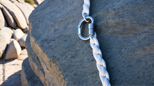 Tension concept with frayed end of  white braided rope unlashed from offset-D type carabiner hanging against rock face