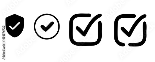 check list icon set. approved symbol, checked checkbox mark, checkmark set, editable line.	