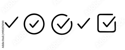 check list icon set. approved symbol, checked checkbox mark, checkmark set, editable line.	