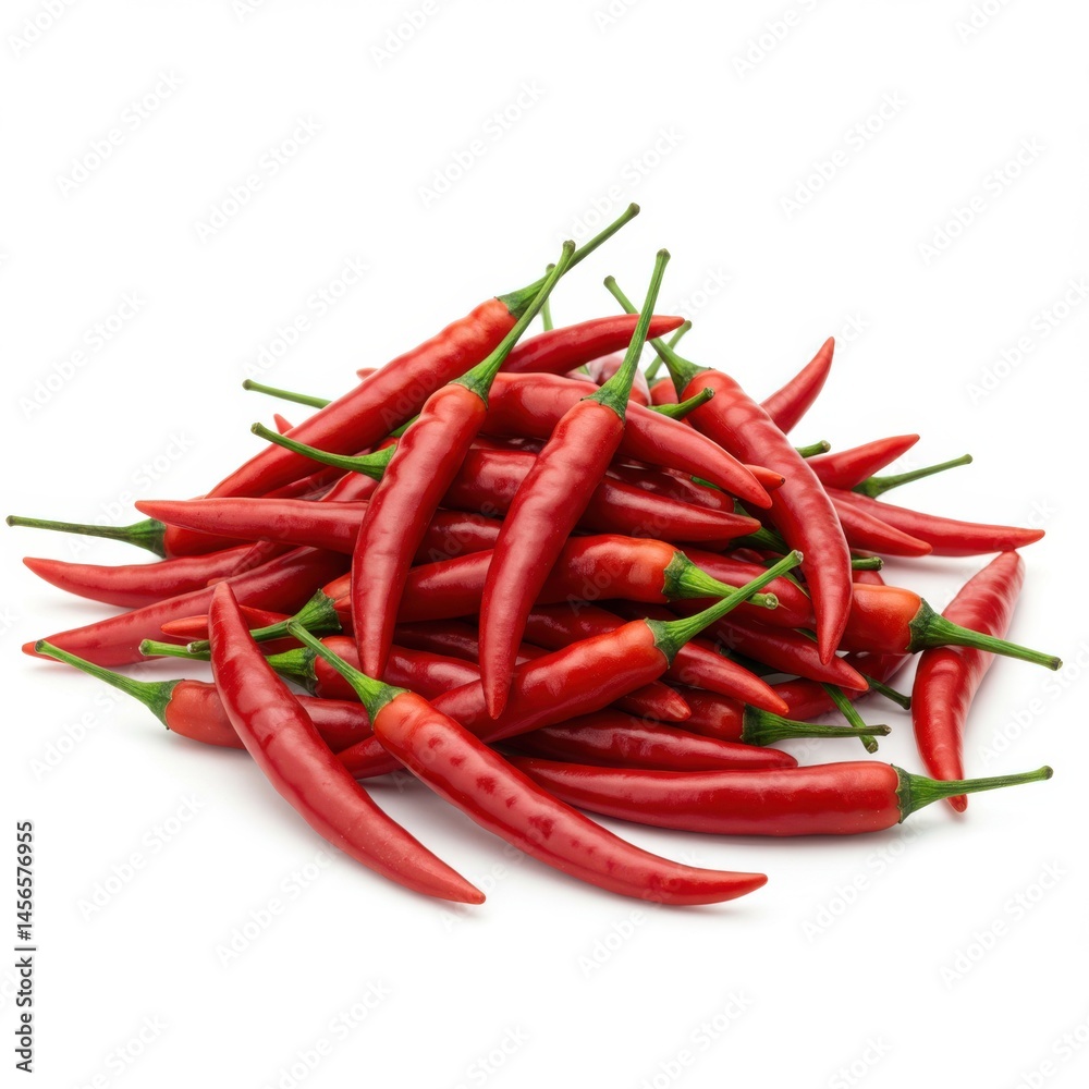 A pile of vibrant red chili peppers with green stems on a plain white surface studio shot closeup view A pile of vibrant red chili peppers with green stems on a plain white surface studio shot closeup view