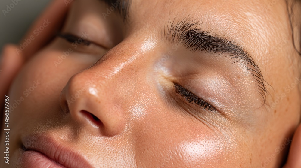Fototapeta premium A serene young woman rests on a spa bed with her eyes closed, savoring a soothing facial treatment that complements her wellness and beauty regimen
