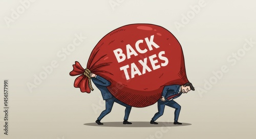Illustration depicting the burden of back taxes with struggling businessmen