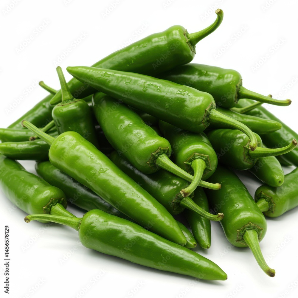 A pile of fresh green chili peppers with stems on a white surface in a close up studio shot A pile of fresh green chili peppers with stems on a white surface in a close up studio shot