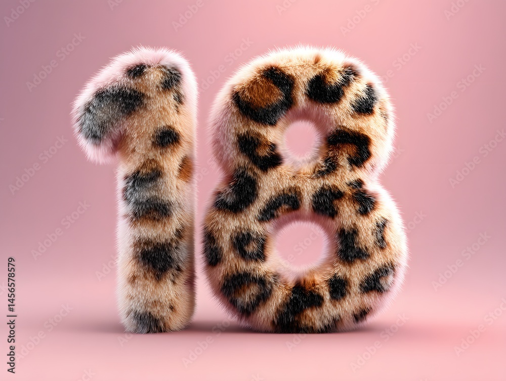 Obraz premium 3D furry leopard print numbers 1 and 8 on pink background for birthday celebration graphics, milestone marketing campaigns, kids’ party invitations, or fun event promotions