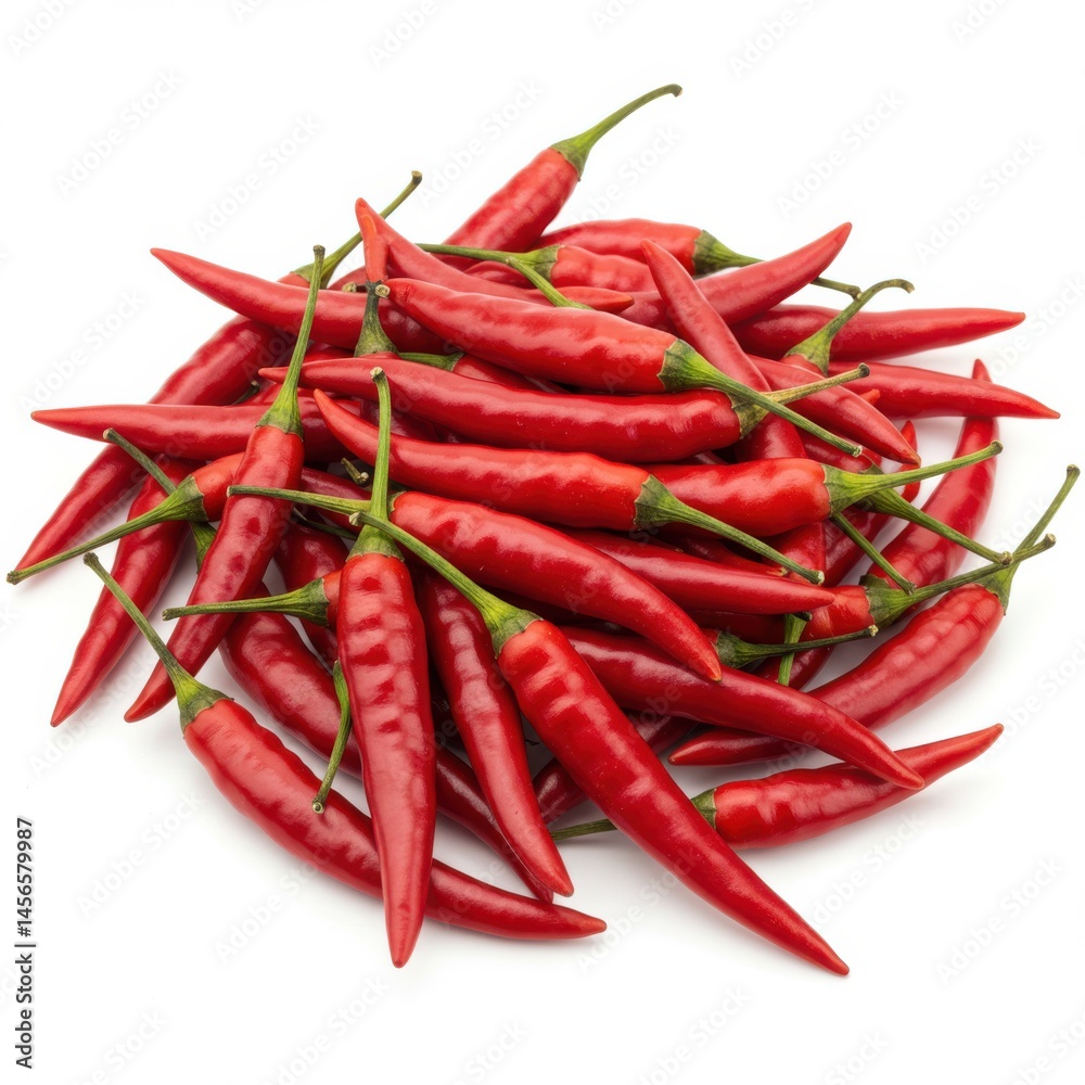 A heap of vibrant red chili peppers with green stems piled together on a white surface background A heap of vibrant red chili peppers with green stems piled together on a white surface background