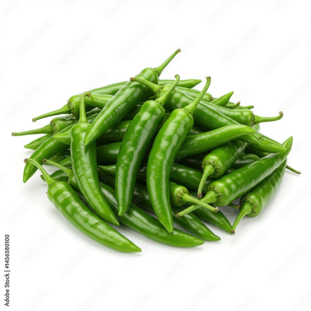 A heap of fresh green chili peppers with stems on a white background in a studio shot image A heap of fresh green chili peppers with stems on a white background in a studio shot image