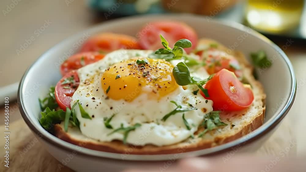 Sunny Side Up Egg on Toast with Tomatoes and Fresh Herbs in White Bowl with Natural Light Sunny Side Up Egg on Toast with Tomatoes and Fresh Herbs in White Bowl with Natural Light