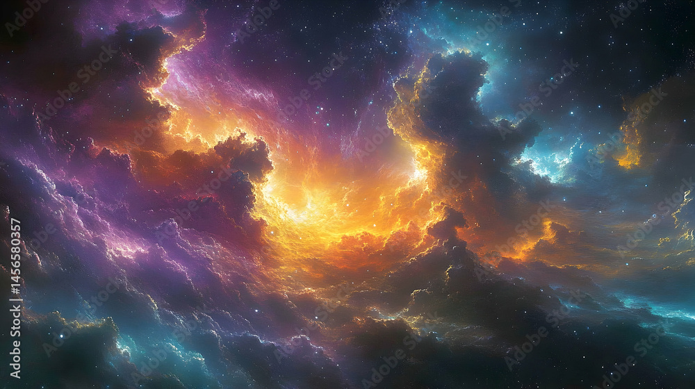 Fototapeta premium A vibrant depiction of swirling cosmic clouds.