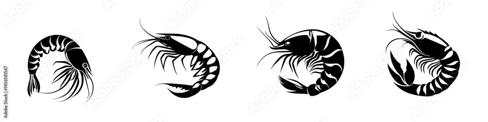 Vector illustration featuring black and white shrimp designs showcasing different poses and styles for seafood-themed projects Vector illustration featuring black and white shrimp designs showcasing different poses and styles for seafood-themed projects