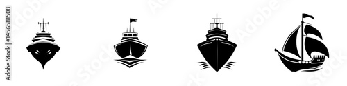 Vector illustration of various boat designs featuring distinct shapes and styles in black and white