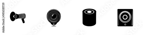 Vector illustration of various audio equipment icons in black and white style for design projects