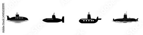 Vector illustration of black and white submarines in different styles and shapes showcasing marine technology