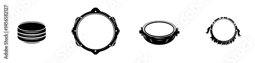 Vector illustration icon set of various drum types for musical design projects and artistic uses in black and white