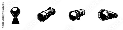Vector illustration of various black and white camera lenses showcasing different styles and perspectives in a minimalist design