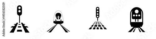 Vector illustration of railway icons featuring signals and trains on tracks in black and white design
