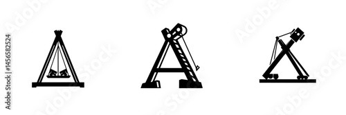 Vector illustration of construction equipment icons representing cranes and hoisting devices in black and white design
