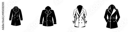 Stylish vector illustrations of four different black and white trench coats in various designs for fashion enthusiasts