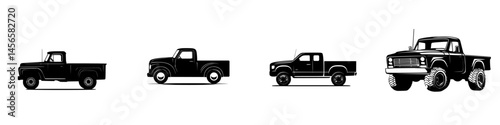 Vector illustration of various pickup truck designs showcasing different styles and angles in black and white format