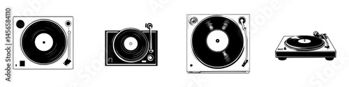 Vector illustration of four distinct turntables showcasing different designs and styles in black and white