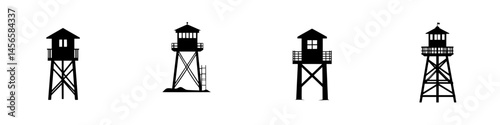 Illustration of four distinct black and white tower structures on elevated platforms showcasing variations in design details