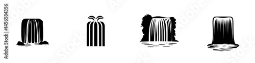 Various styles of black and white vector illustrations of waterfalls featuring different formations and flow styles