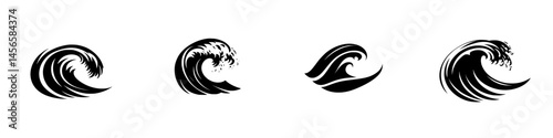Vector illustration of black and white wave icons representing ocean movements and surf activity