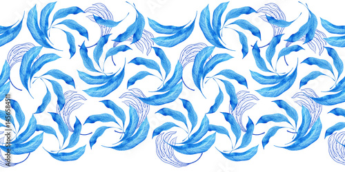 Watercolor seamless pattern with dark blue-blue stylized acanthus leaves and graphic elements