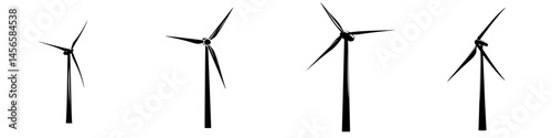 Vector illustration of black and white wind turbines showing renewable energy technology in various positions