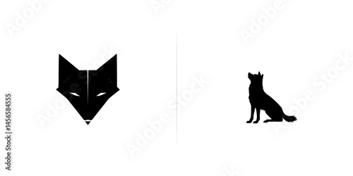 Vector illustration of a wolf icon in black and white featuring a stylized wolf face and a sitting wolf