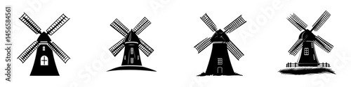 Vector illustration of black and white windmills in varied designs with distinct styles and structure characteristics