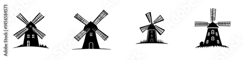 Black and white vector illustration of windmills in various styles and designs showcasing traditional architecture