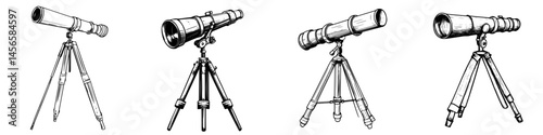 Vector illustration of telescopes on tripods showcasing different styles and features for astronomy enthusiasts