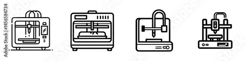 Vector illustration of four different 3D printers showcasing diverse designs and features in a modern workshop setting