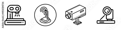 Vector illustration icons depicting various camera types and their functions for creative design and technology applications