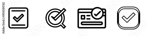Vector illustration icons representing various checkmark symbols indicating completion and verification of tasks or processes
