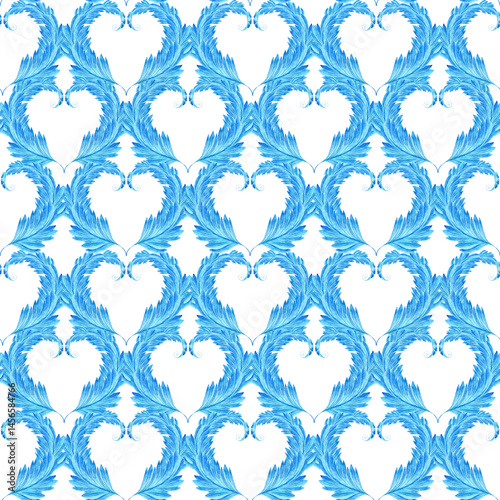 Watercolor seamless pattern with dark blue-blue stylized acanthus leaves and graphic elements