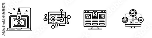 Vector illustration of digital finance icons representing online transactions, data analytics, and financial growth