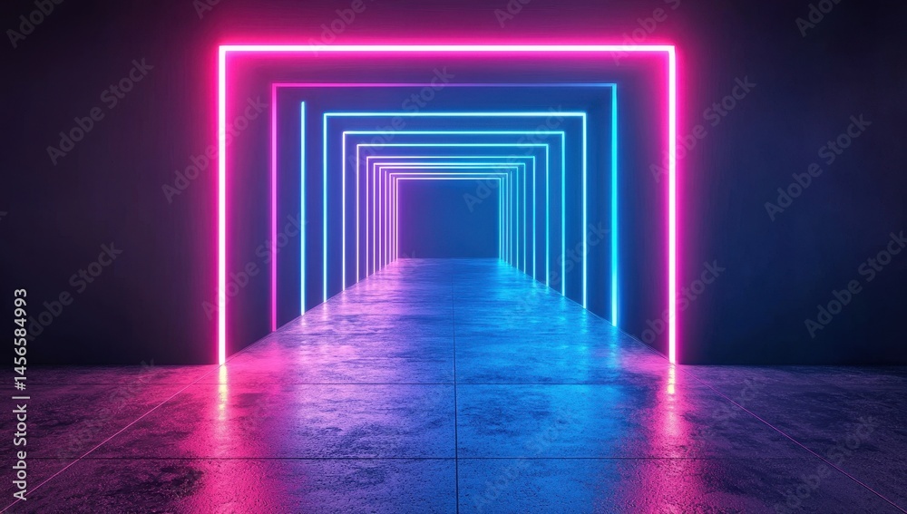 Fototapeta premium Neon Light Tunnel with Colorful Glowing Effects in Dark Space
