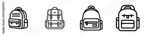 Collection of vector illustration icons showcasing different backpack designs for travel and school use