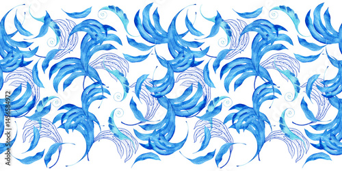 Watercolor seamless pattern with dark blue-blue stylized acanthus leaves and graphic elements