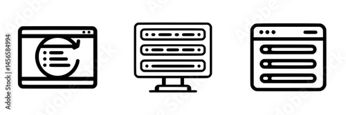 Vector illustration icons represent webpage elements such as refresh, server, and data list display in a minimalist design style