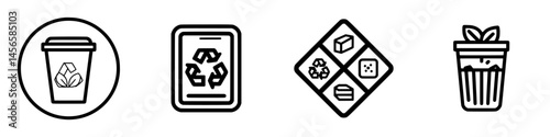 Vector illustration set of eco-friendly icons featuring reusable cup, recycling sign, sustainable packaging, and refreshment drink