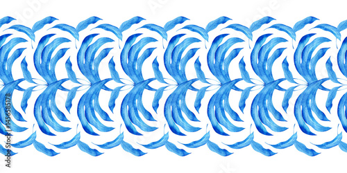 Watercolor seamless pattern with dark blue-blue stylized acanthus leaves and graphic elements